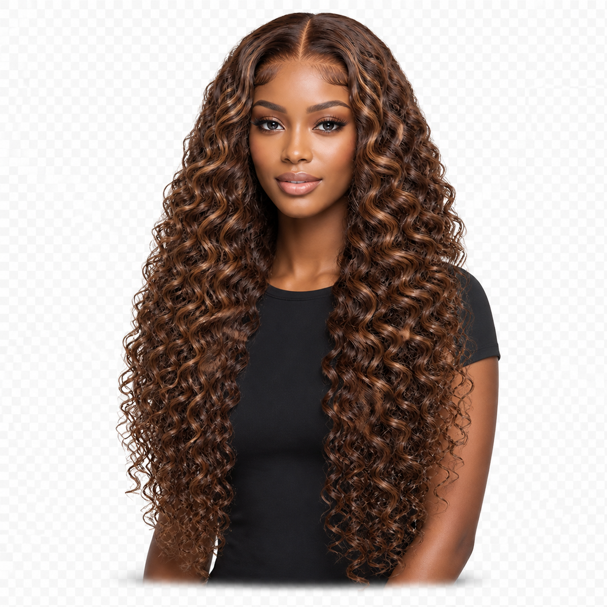 Lifestyle model wearing Amapiano Curl 24 inch Amapiano colourway — confirm exact tone Curly wig