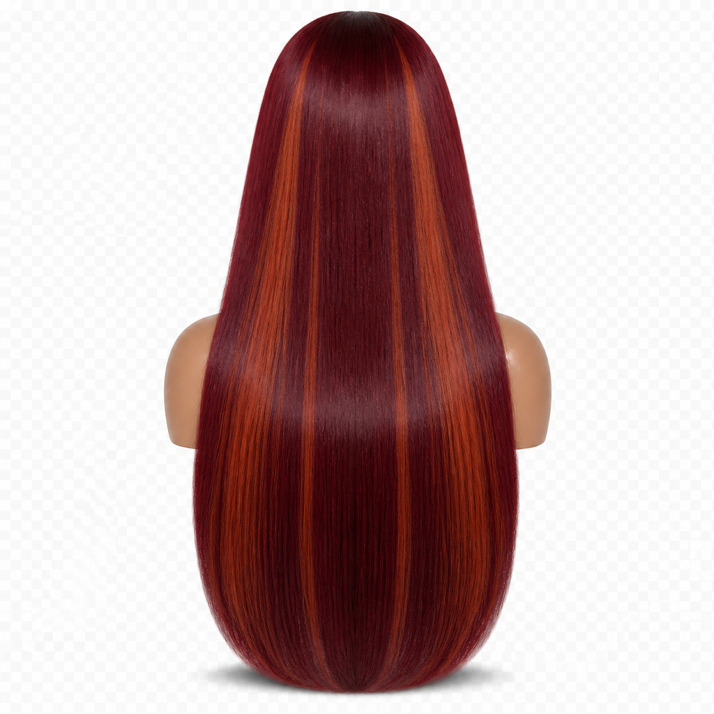 Back view of Burgundy Flame 24 inch Burgundy and orange Straight wig