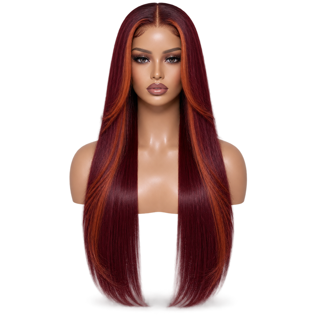 Front view of Burgundy Flame 24 inch Burgundy and orange Straight wig