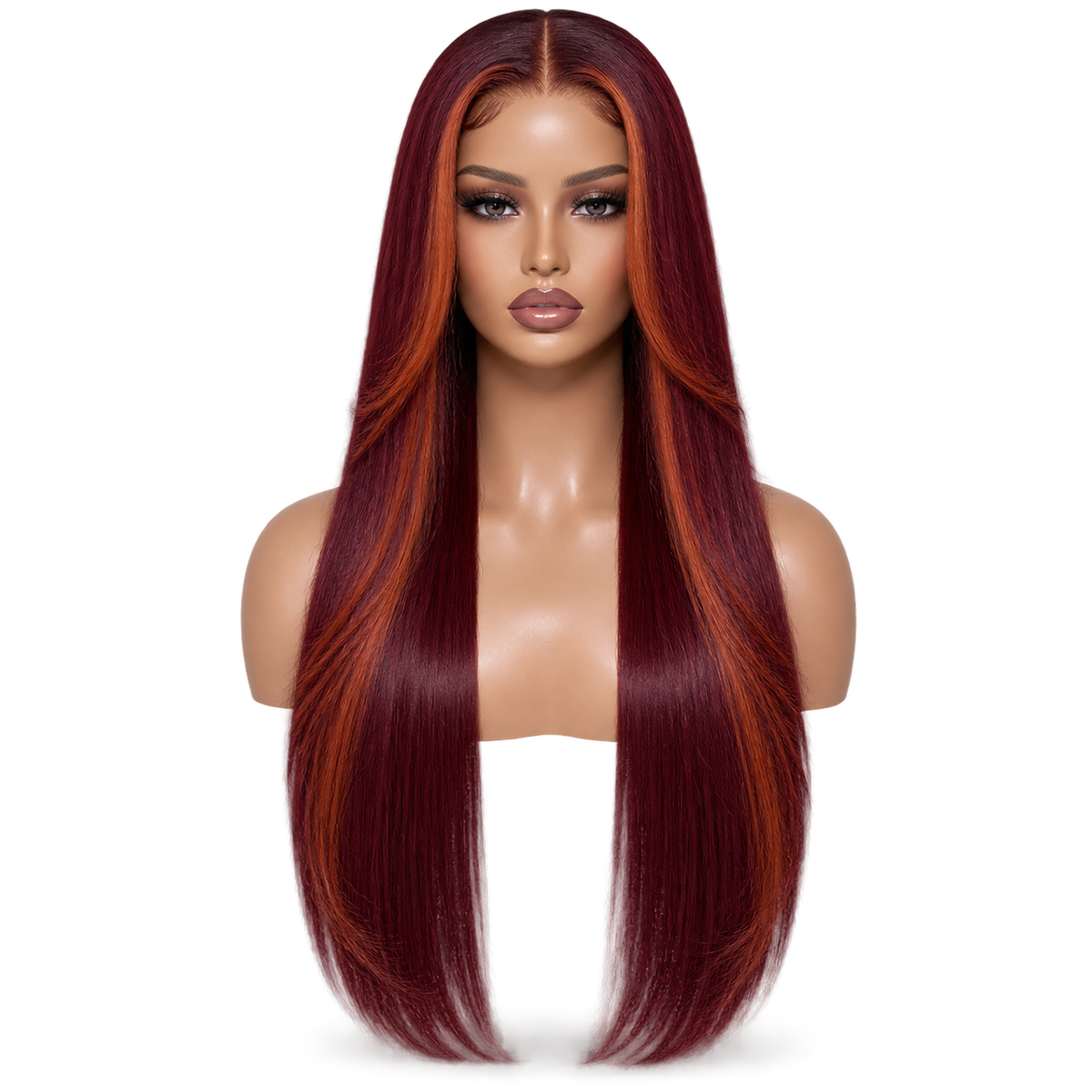 Front view of Burgundy Flame 24 inch Burgundy and orange Straight wig
