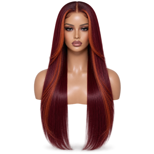 Front view of Burgundy Flame 24 inch Burgundy and orange Straight wig