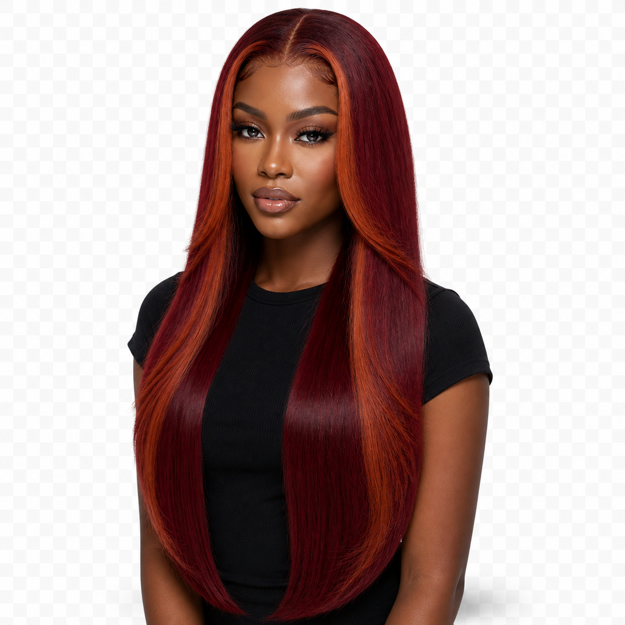 Lifestyle model wearing Burgundy Flame 24 inch Burgundy and orange Straight wig
