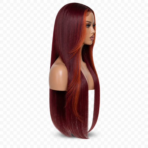 Side view of Burgundy Flame 24 inch Burgundy and orange Straight wig