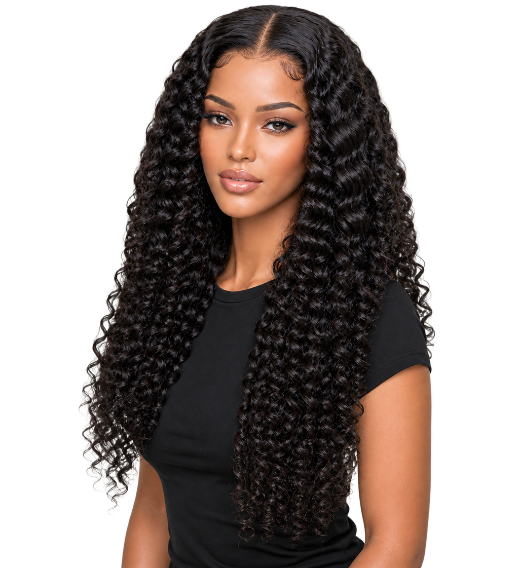 Lifestyle model wearing Crowned Curl 24 inch Black Curly wig