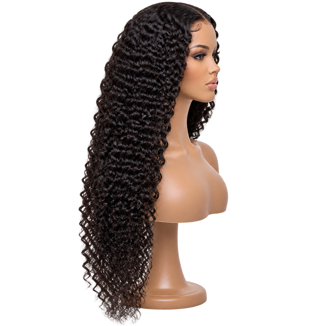 Side view of Crowned Curl 24 inch Black Curly wig