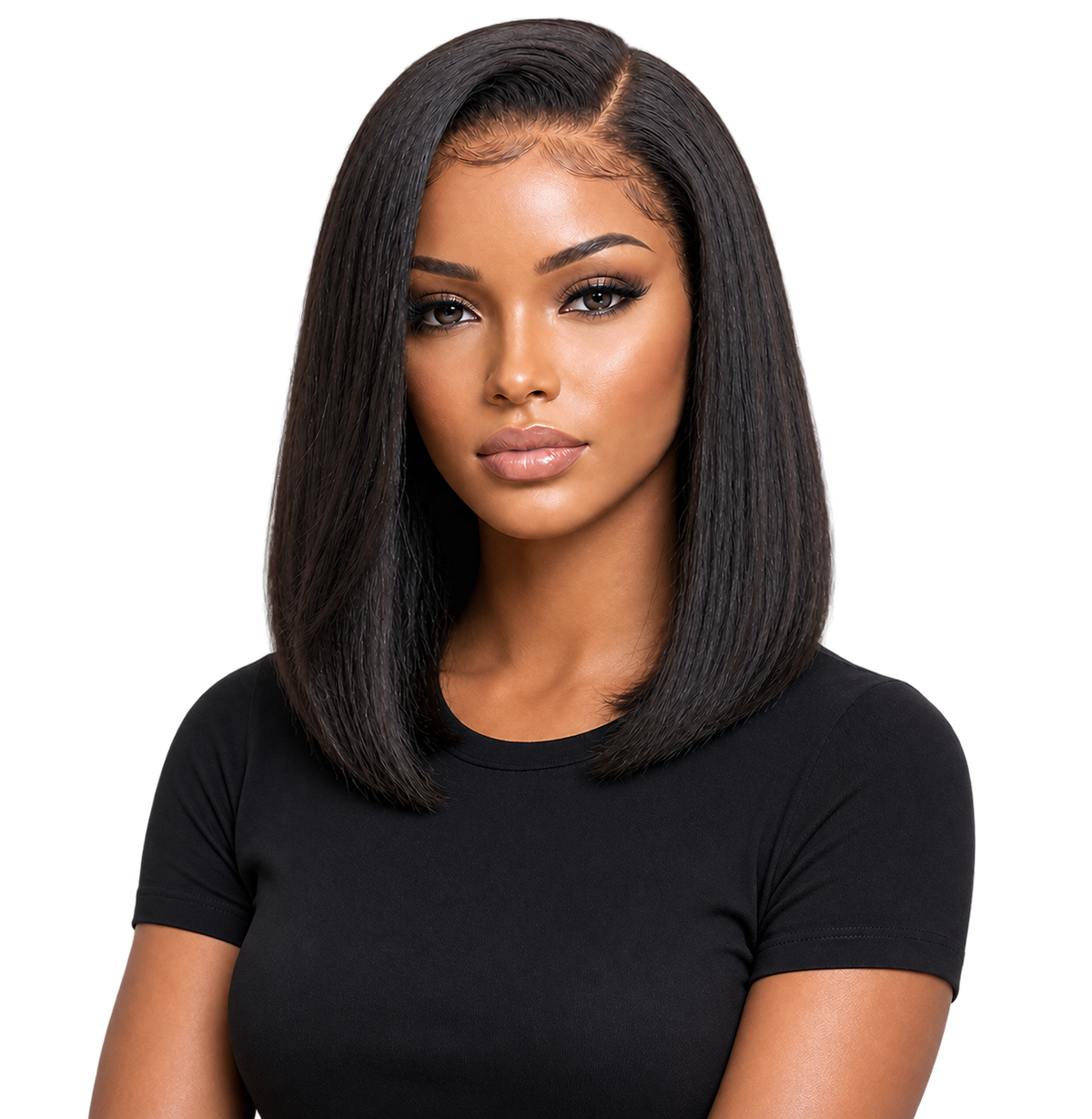 Lifestyle model wearing Executive Bob 12 inch Black Straight bob wig