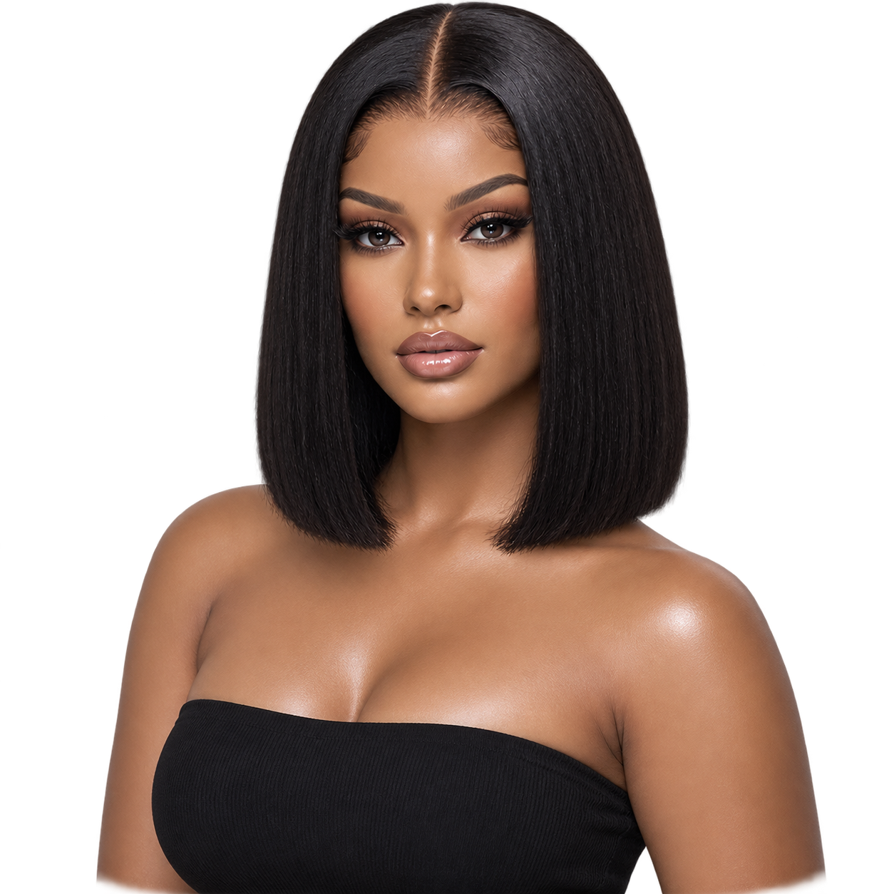 Lifestyle model wearing Noir Line Bob 10-inch black straight 5x5 glueless wig