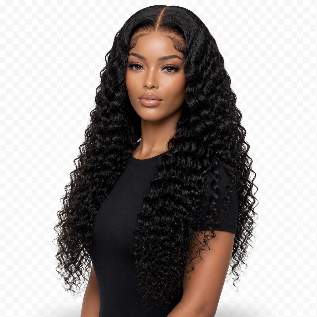 Lifestyle model wearing Midnight Curl 24 inch Black Curly wig