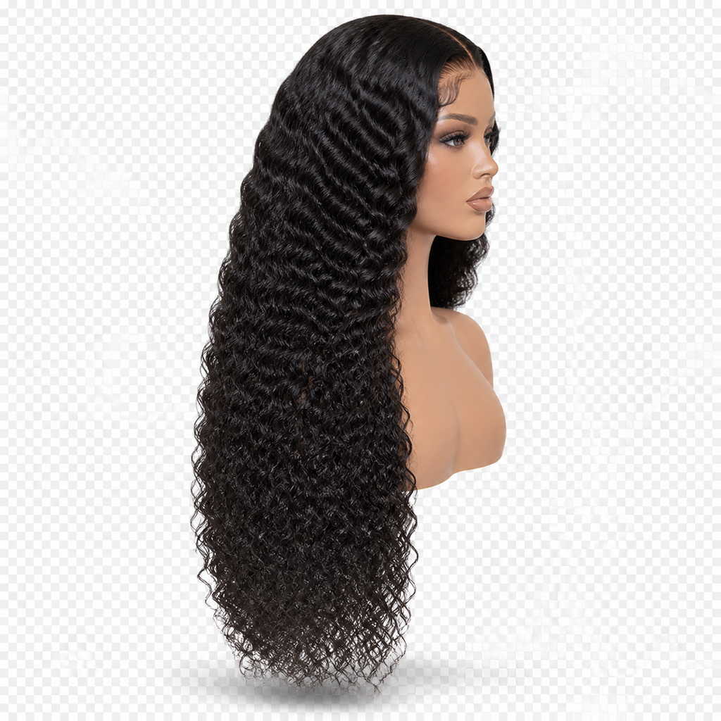 Side view of Midnight Curl 24 inch Black Curly wig