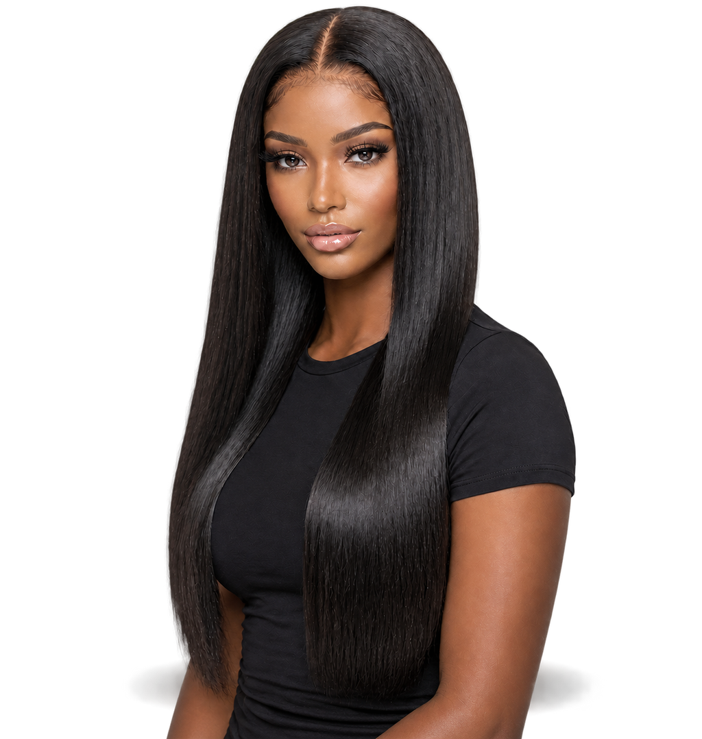 Lifestyle model wearing Midnight Lengths 24 inch Black Straight wig