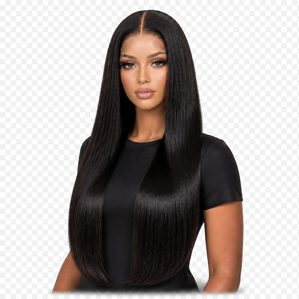 Lifestyle model wearing Noir Frontal 24 inch Black Straight wig