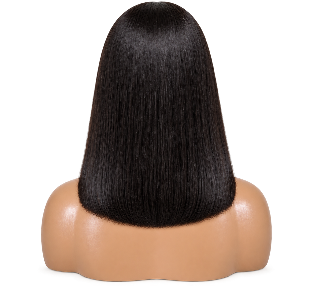 Back view of Noir Line Lob 14 inch Black Straight, one-line lob wig