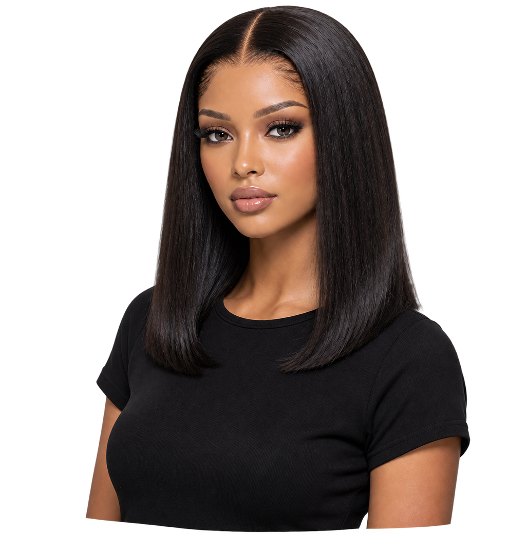 Lifestyle model wearing Noir Line Lob 14 inch Black Straight, one-line lob wig