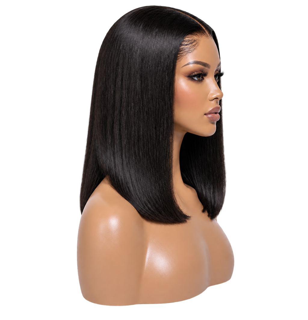 Side view of Noir Line Lob 14 inch Black Straight, one-line lob wig