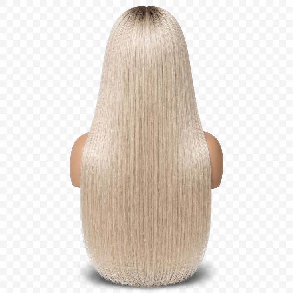 Back view of Platinum Crown 24 inch Super blonde Straight wig