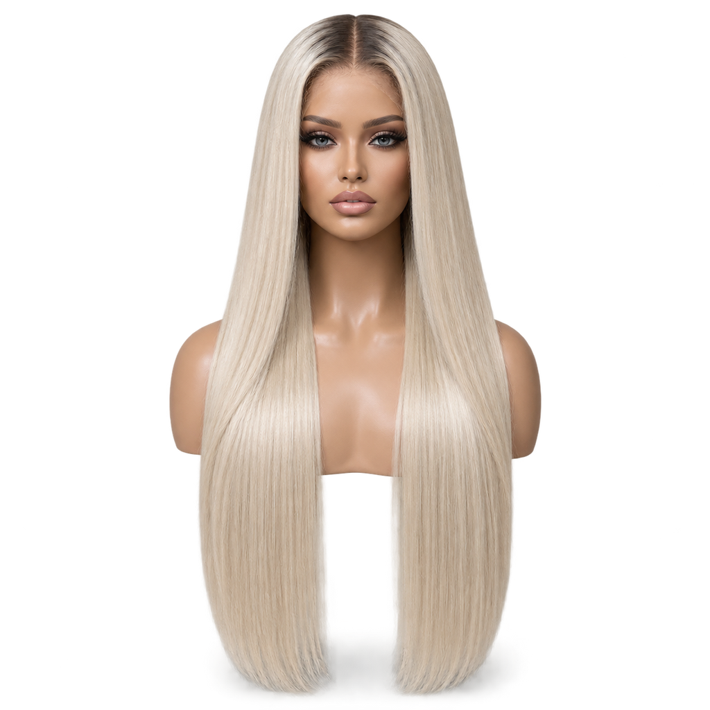 Front view of Platinum Crown 24 inch Super blonde Straight wig