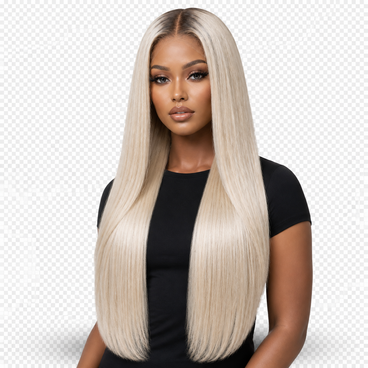 Lifestyle model wearing Platinum Crown 24 inch Super blonde Straight wig