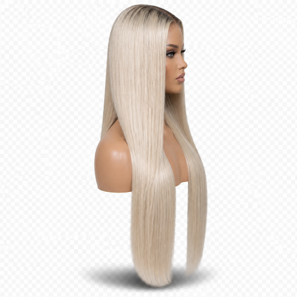 Side view of Platinum Crown 24 inch Super blonde Straight wig