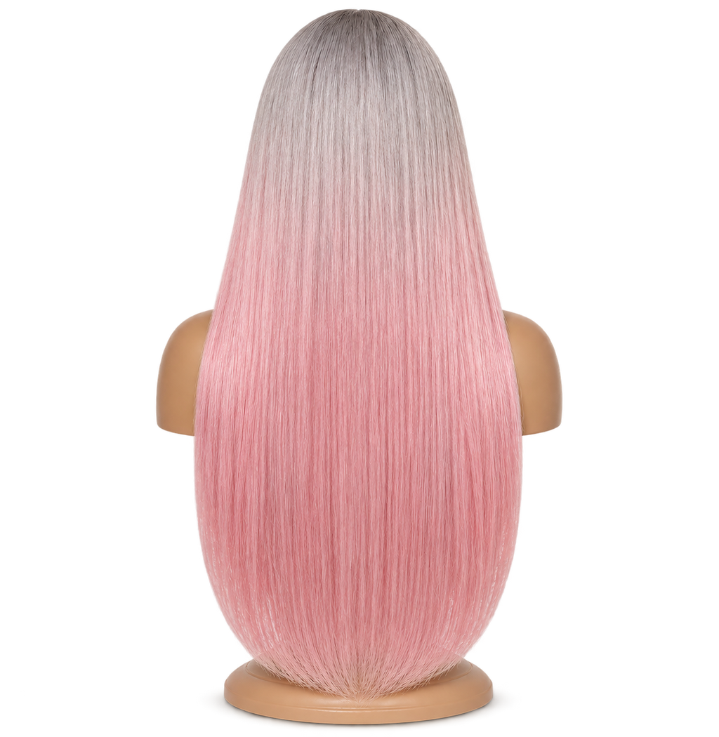Back view of Silver Blush 24 inch Grey and pink Straight wig