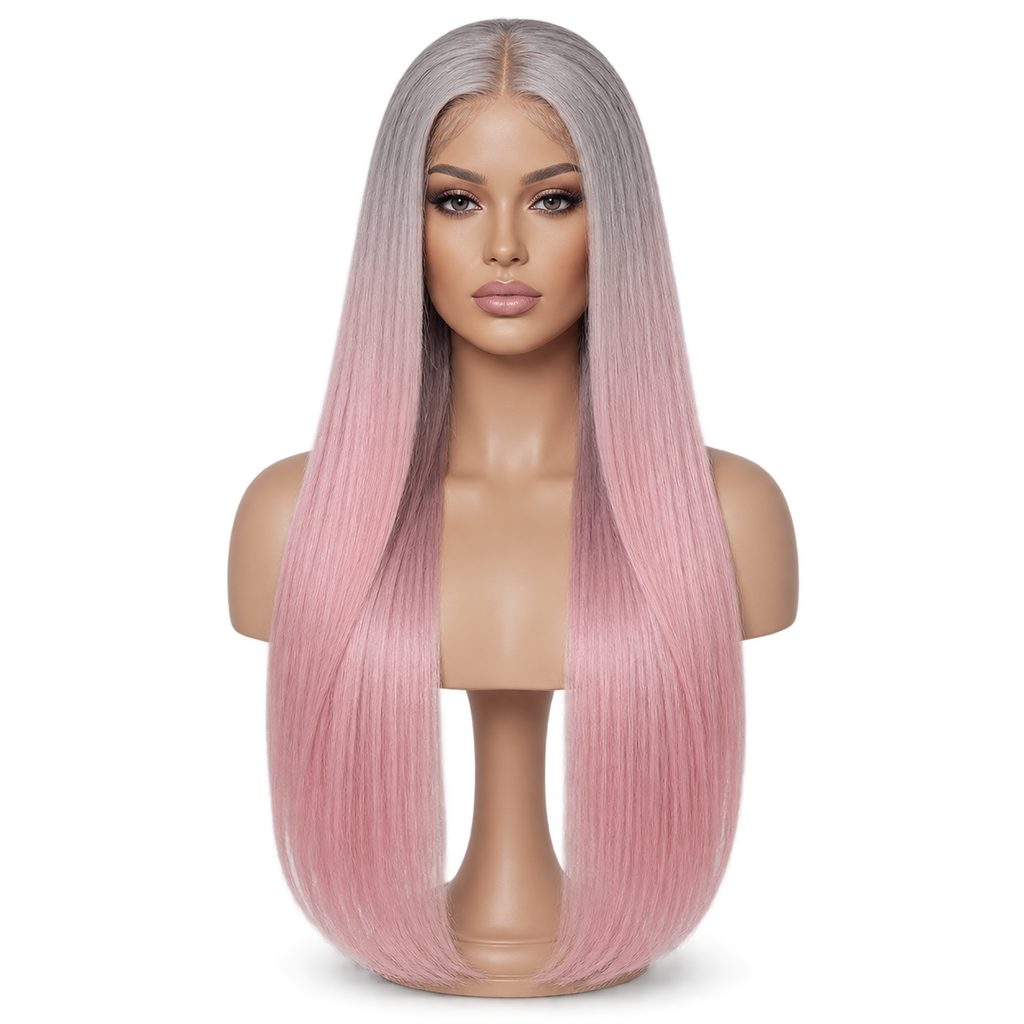 Front view of Silver Blush 24 inch Grey and pink Straight wig