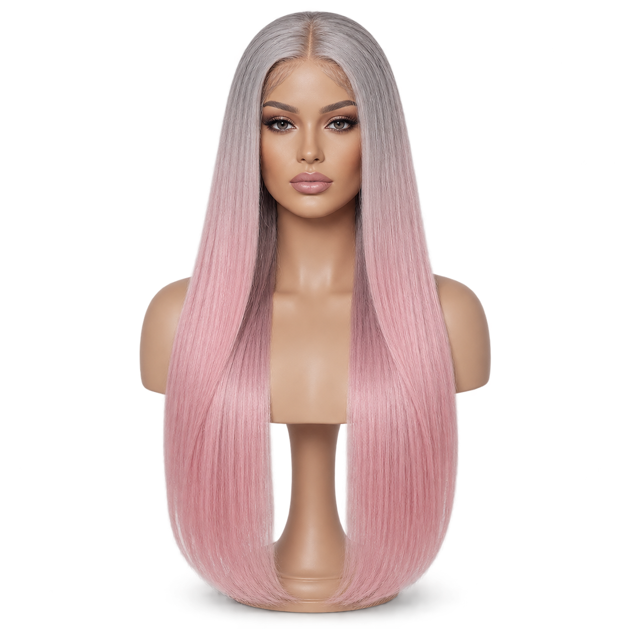 Front view of Silver Blush 24 inch Grey and pink Straight wig