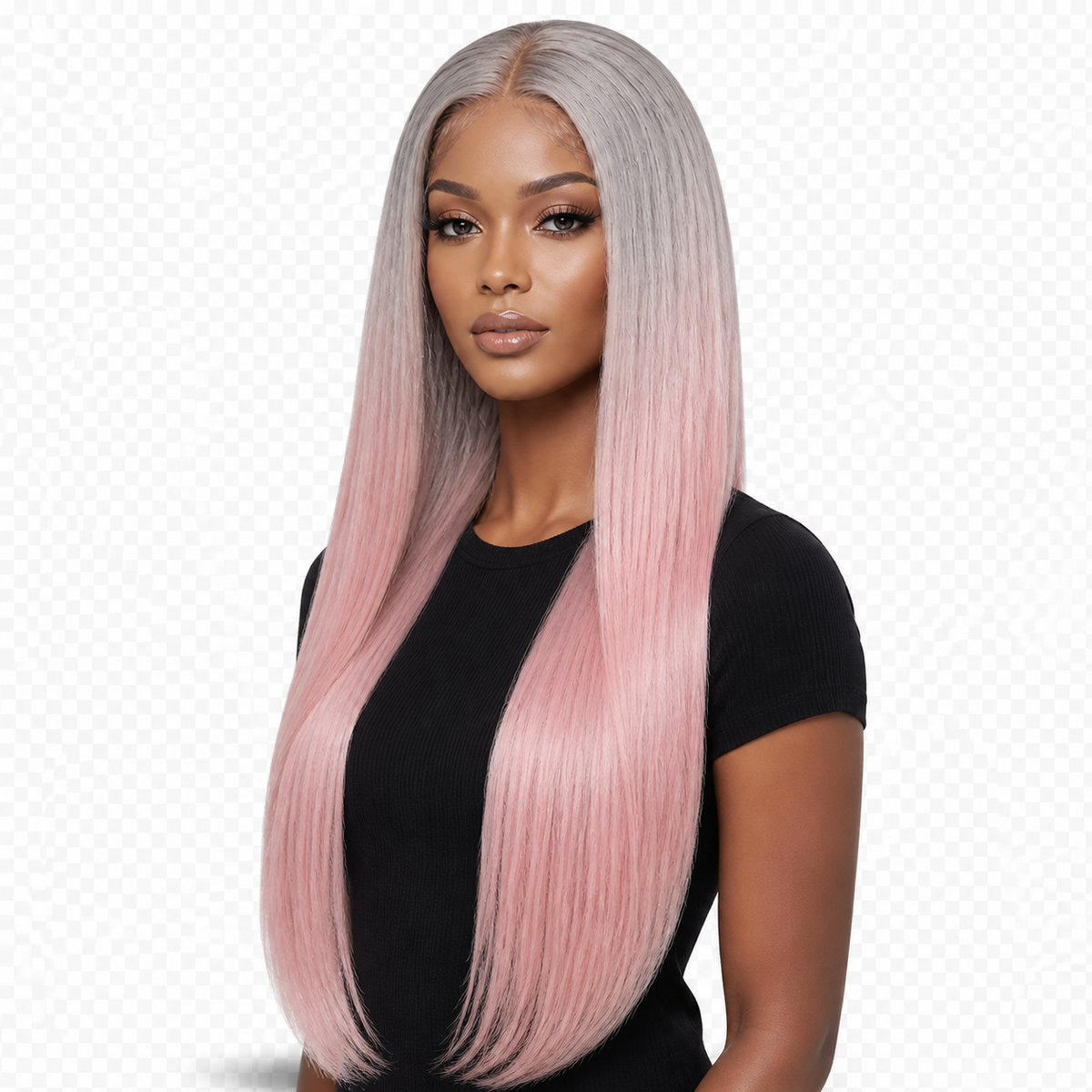 Lifestyle model wearing Silver Blush 24 inch Grey and pink Straight wig