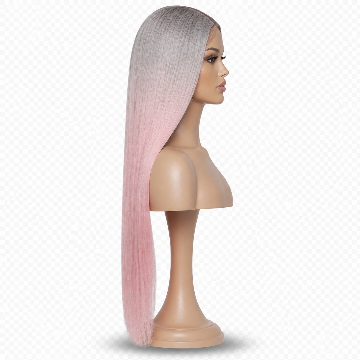 Side view of Silver Blush 24 inch Grey and pink Straight wig