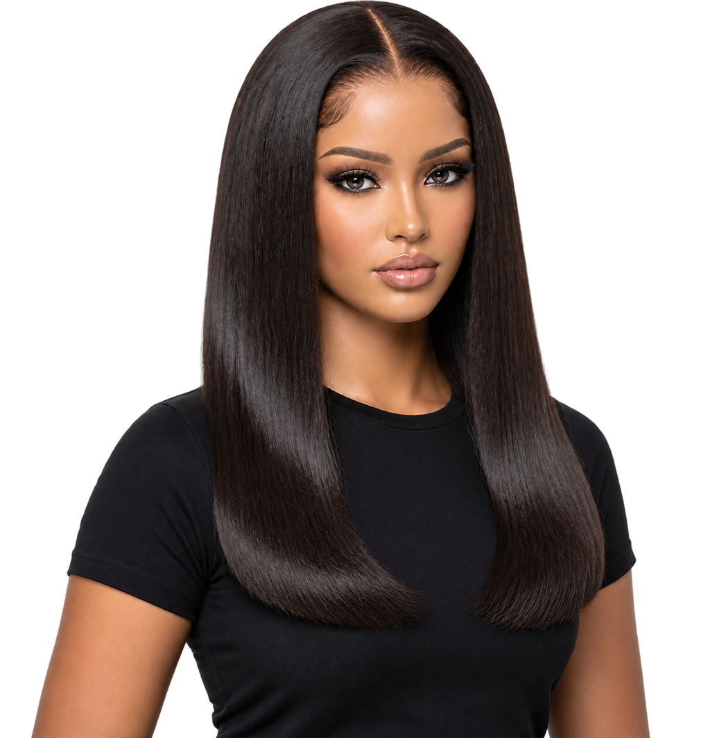 Lifestyle model wearing Sleek Muse 18 inch Black Straight wig