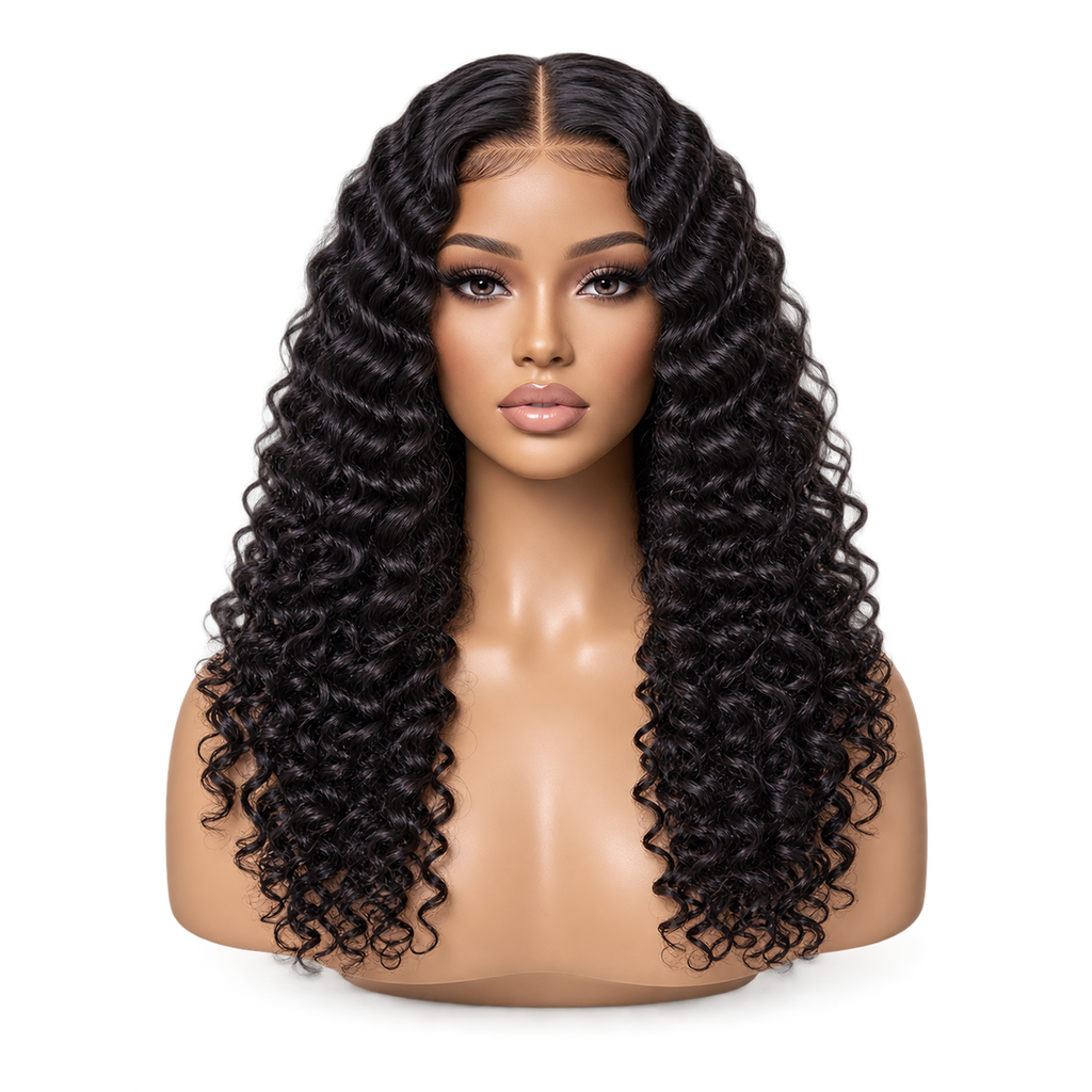 Front view of Soft Spiral 18 inch Black Curly wig
