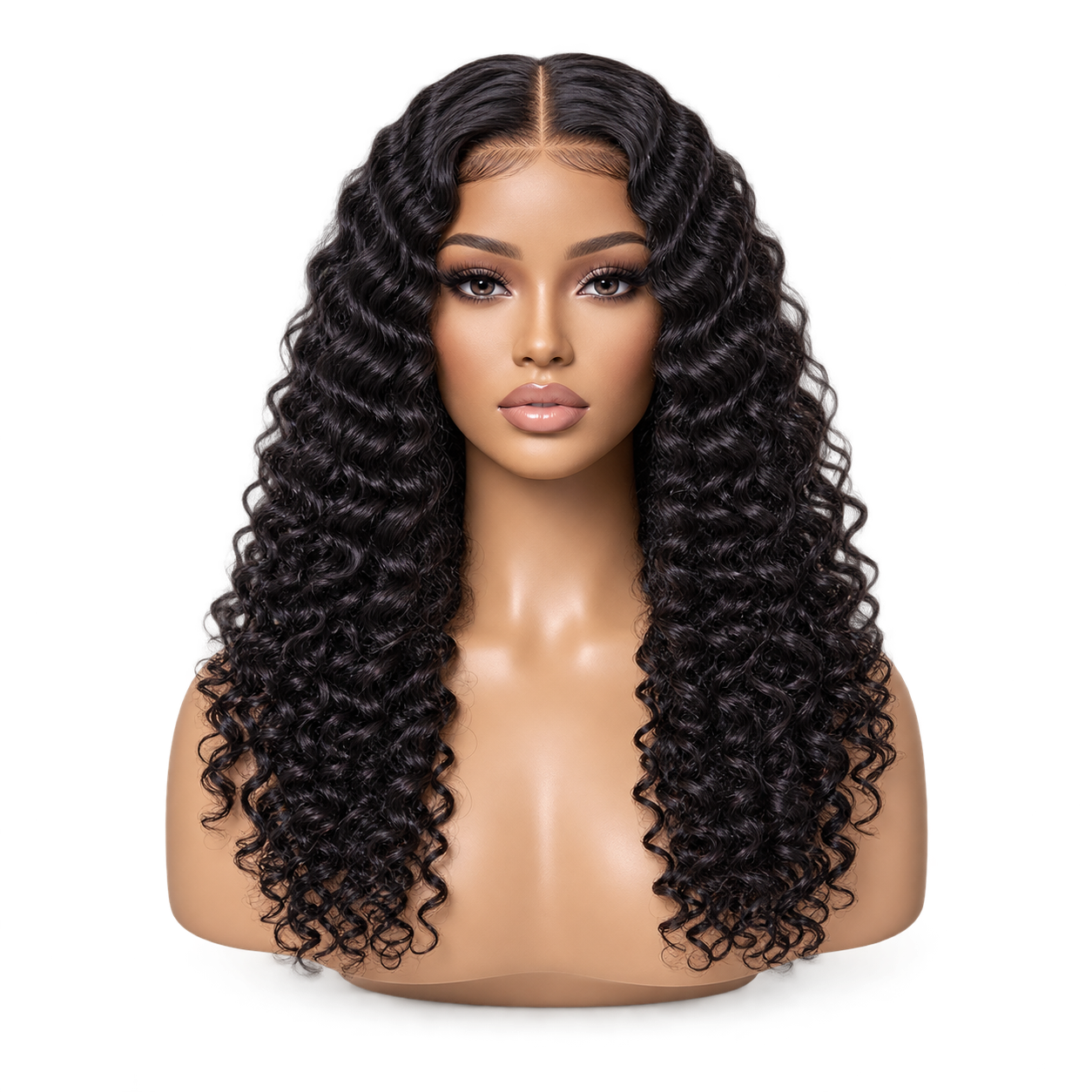 Front view of Soft Spiral 18 inch Black Curly wig