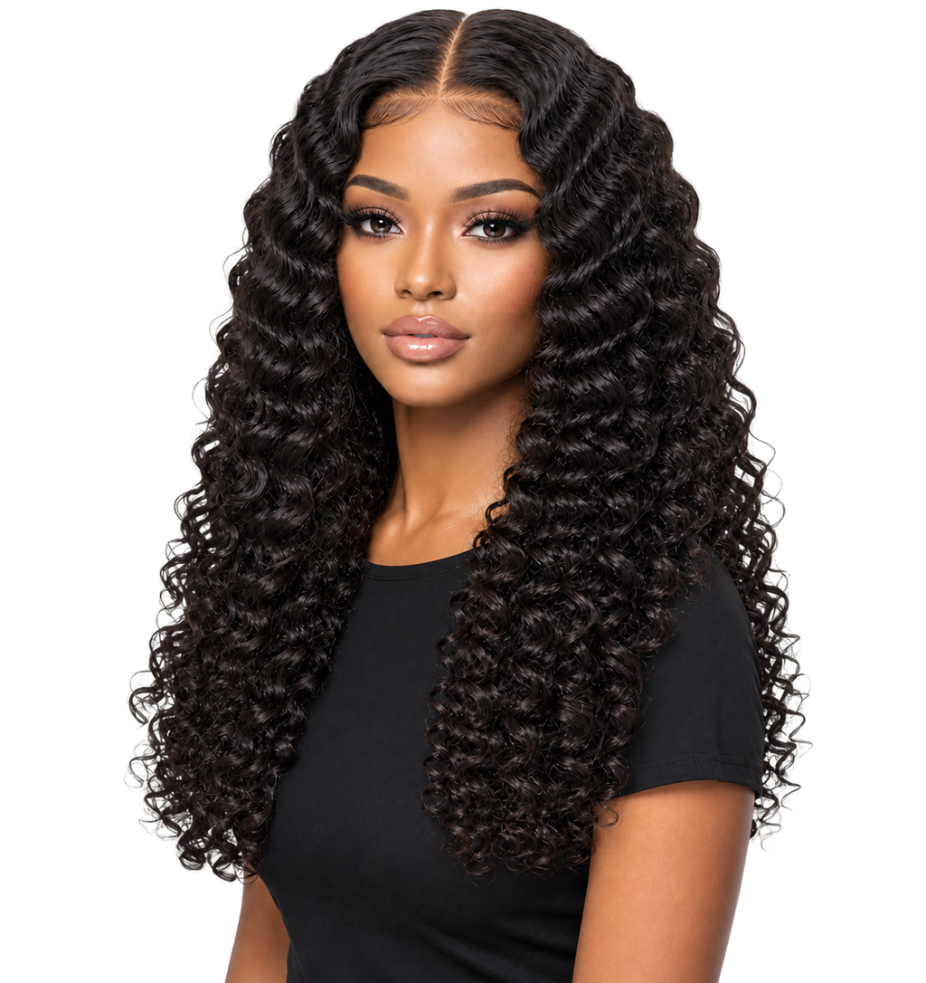 Lifestyle model wearing Soft Spiral 18 inch Black Curly wig