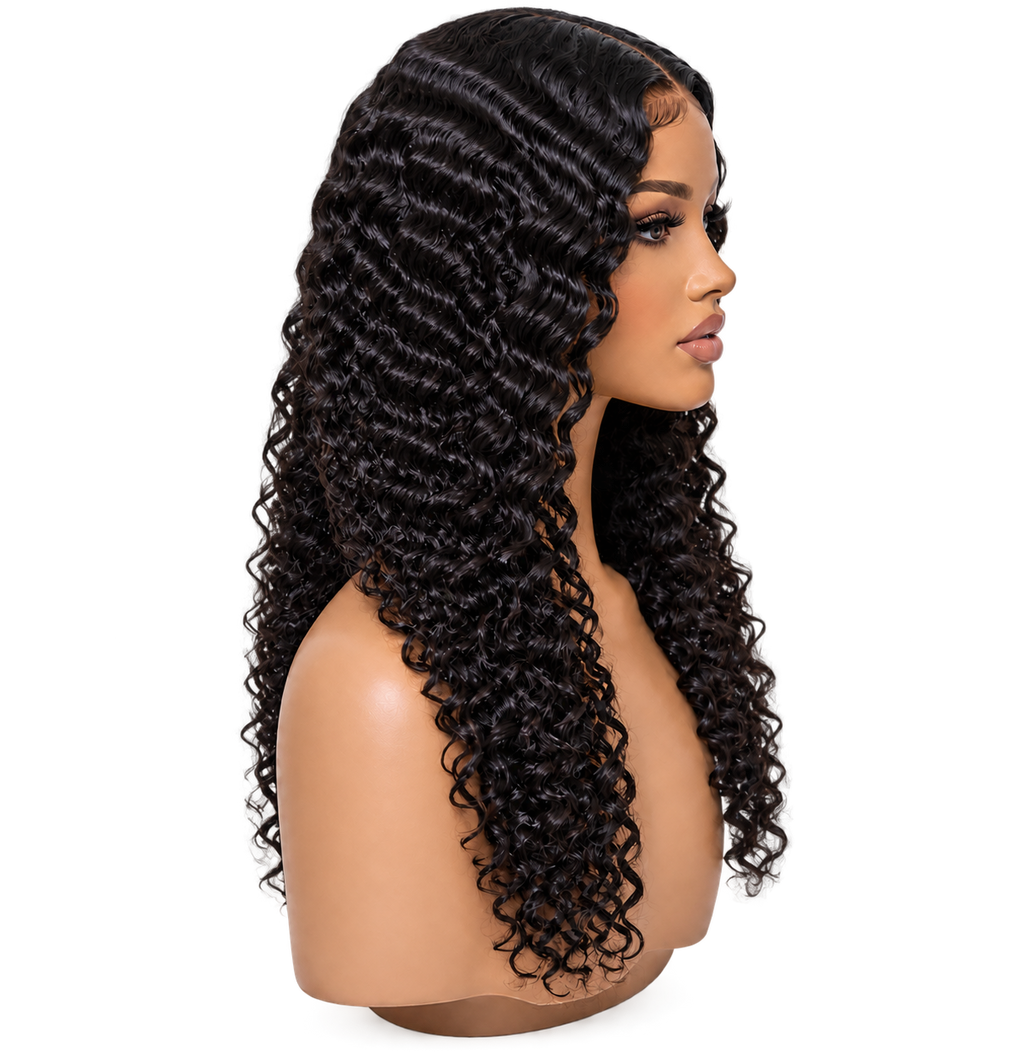 Side view of Soft Spiral 18 inch Black Curly wig