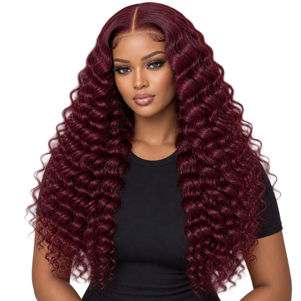 Lifestyle model wearing Wine Curl 24 inch Burgundy Curly wig